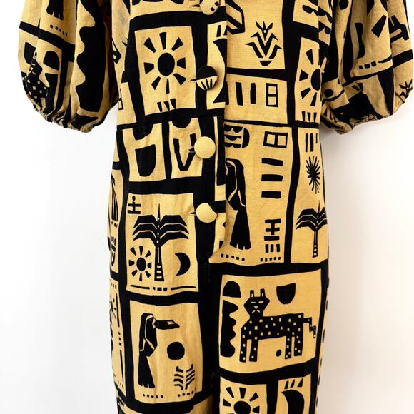 FARM Rio Linen Button-Down Jumpsuit Short Balloon Sleeve Beige/Black S - Picture 5 of 13